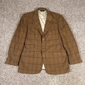 J Peterman Sport Coat Mens 42R Brown Windowpane 100% Wool Three Button Tailored